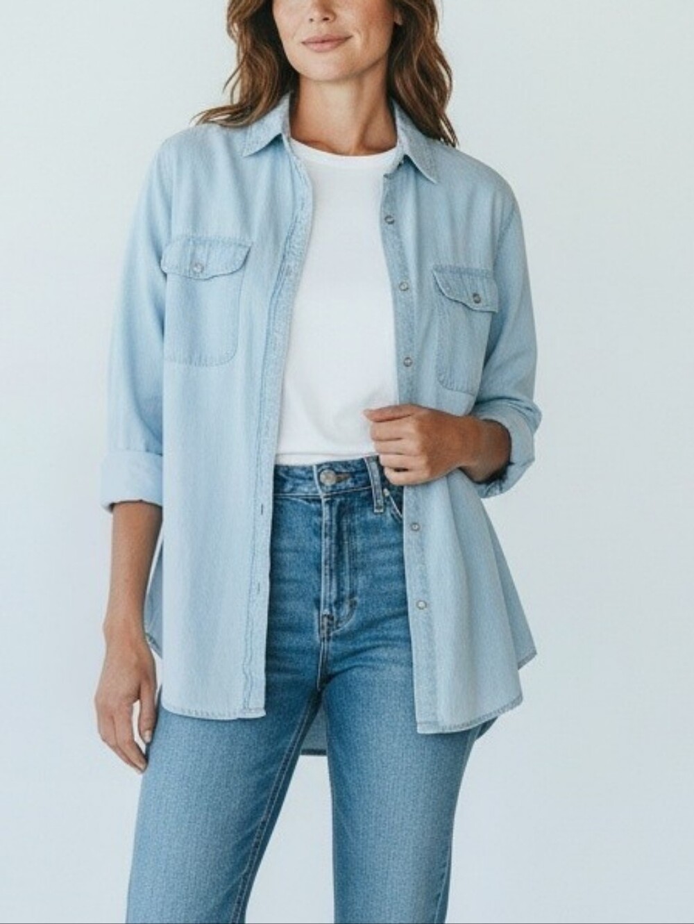 Perry Ellis Women’s 100% Cotton Light Blue Denim Shirt Button Front Size S